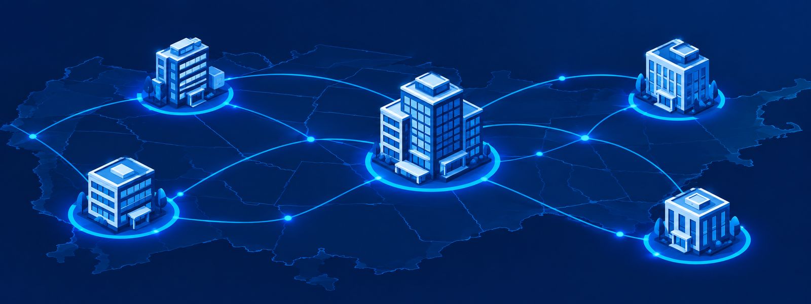 Illustration of office buildings connected by glowing lines across a map of the United States, representing technology program and portfolio management