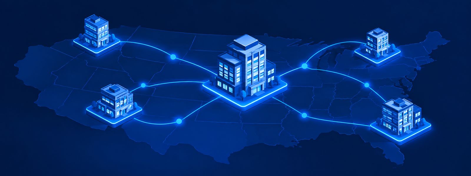 Illustration of a central office building linked by glowing network lines to four regional buildings across a map, representing a statewide Microsoft Teams Phone deployment