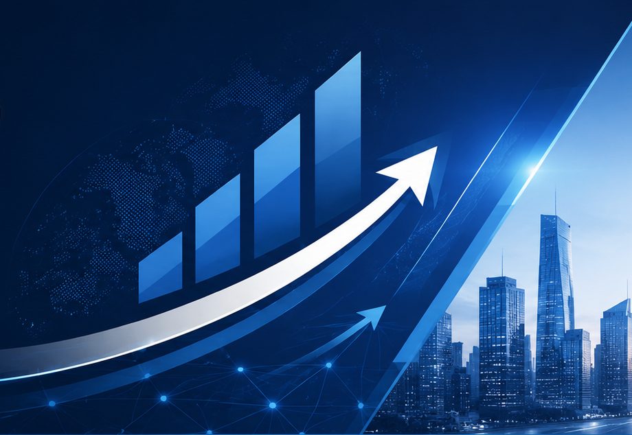 Rising bar chart and upward arrow over a city skyline, representing project results