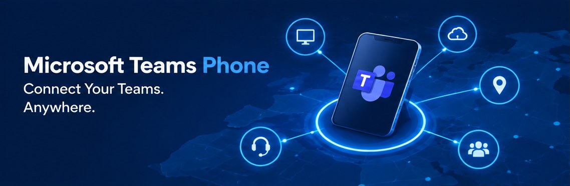 Microsoft Teams Phone: Connect Your Teams. Anywhere. Illustration of a phone running Teams linked to devices, cloud, location, headset and group icons